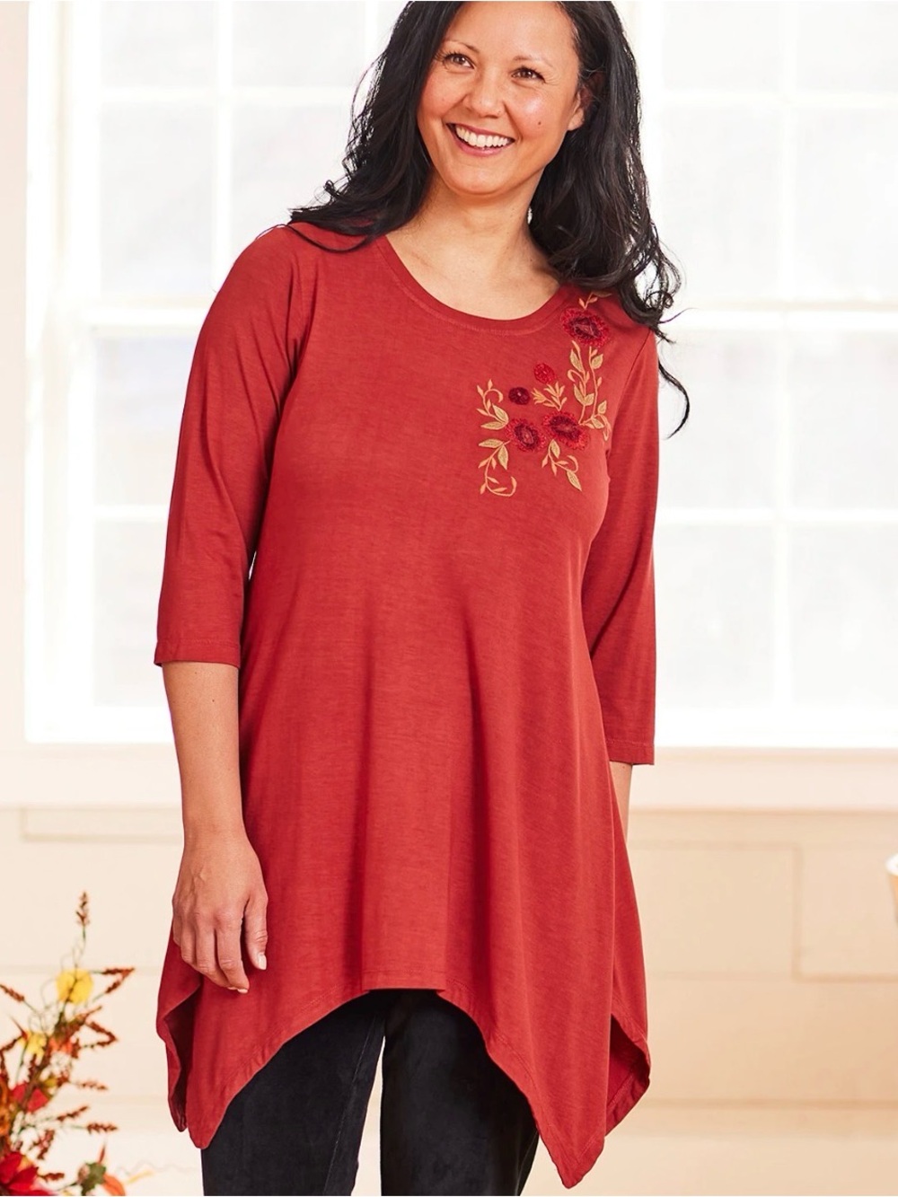 April Cornell Simone Jersey Tunic Top Small ‎ Floral Embroidered 3/4 Sleeve Rust
